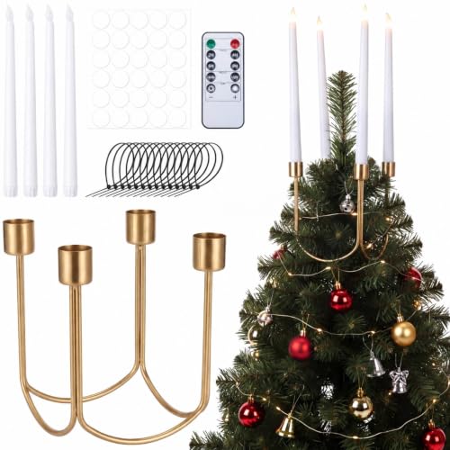 Gold Christmas Tree Topper Candelabra Set with LED Candles & Remote Control