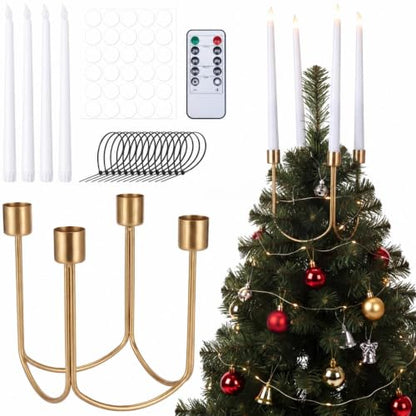 Gold Christmas Tree Topper Candelabra Set with LED Candles & Remote Control