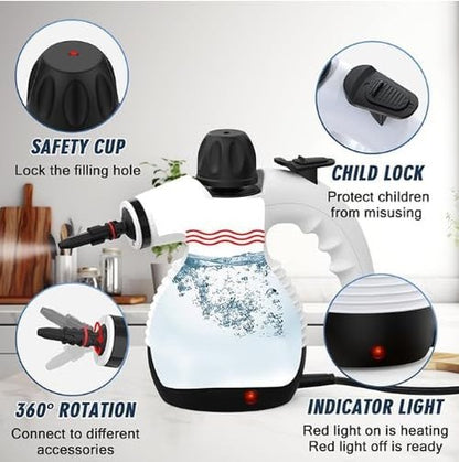 Handheld Steam Cleaner, a versatile and portable home cleaning device, comes with a 10-piece accessory set. Effortlessly removes stubborn stains like dirt and grease, saving you time and effort.