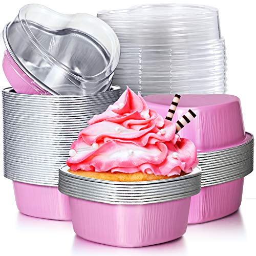 Geiserailie 200 Sets Aluminum Foil Cake Pan with Clear Lids 100 ml/ 3.4 Ounces Heart Shaped Disposable Mini Cupcake Cup Flan Baking Cups Pan for Xmas Valentine Wedding Birthday Party (Red)