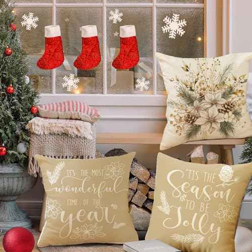 Christmas Beige Poinsettia Pillow Covers Christmas Wild Flowers 18 x 18 Inch Throw Pillows, Xmas Berry Pine Cones Seasonal Decorative Farmhouse Cushion Case for Sofa Couch Set of 4