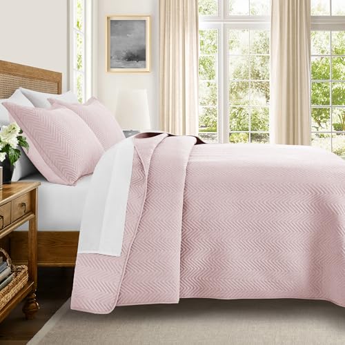 Twin Linen Quilt Set with Embossed Chevron Pattern - Baby Pink Bedspread Coverlet