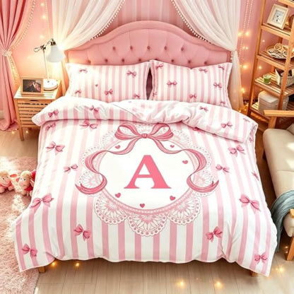 Pink Duvet Cover Set for Girls Teens Bow Initial Queen Size - Soft & Durable Bedding