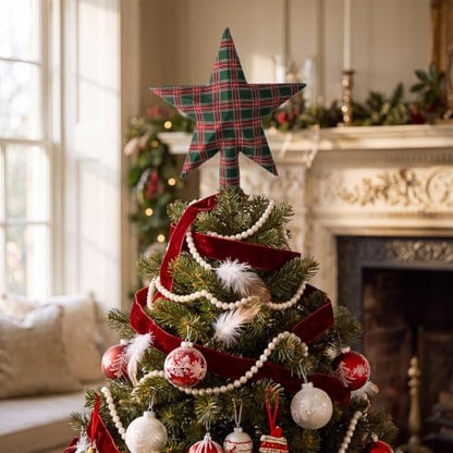 7.9 Inch Christmas Green Red Tartan Plaid Star Tree Topper - Rustic Holiday Decor