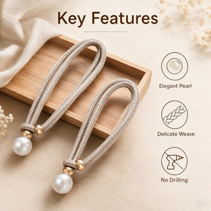 GhHome Pearl Curtain Tiebacks Set of 4 - Beige Rope Holders No Drilling