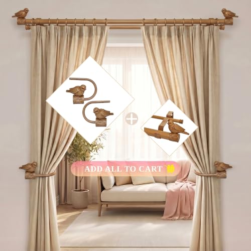 Faux Wood Bird Finial Curtain Holdbacks Tiebacks with Hooks - Rustic Home Decor