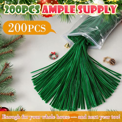 200PCS Green Fuzzy Chenille Garland Ties for Christmas & Holiday Decor