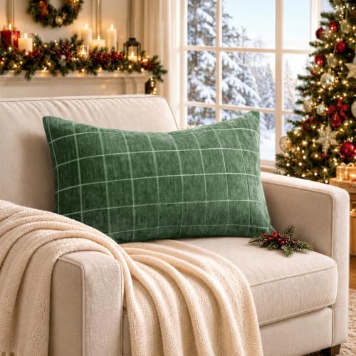 MIULEE Christmas Moss Green Plaid Decorative Lumbar Pillow Covers 20x12 Set of 2