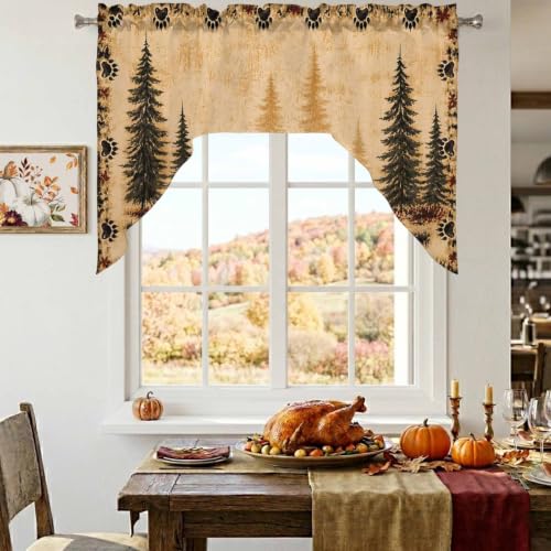 Vintage Wildlife Swag Curtains Valance and Tier Set Black & Brown / 56x36 Inch