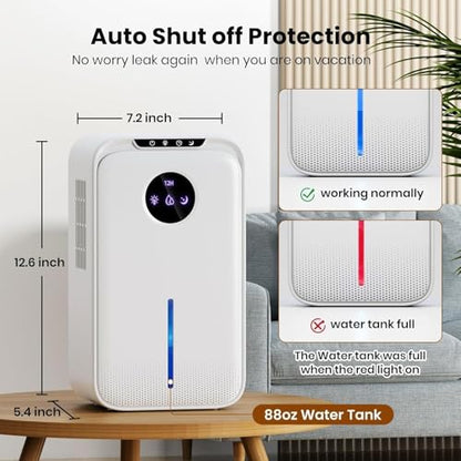 Light White Small Home Dehumidifier (88 OZ) with Drain Hose, Timer, Sleep Mode