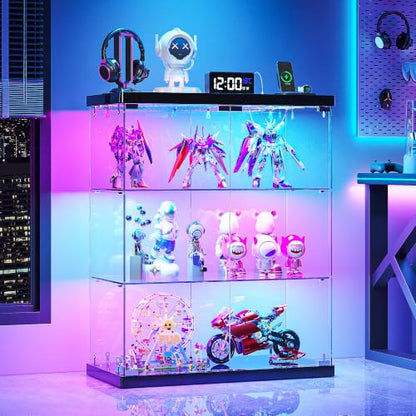 Black 3-Tier Glass Display Cabinet with RGB LED Lights and Charging Station
