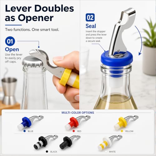 6 Pack Wine & Soda Bottle Stopper Caps with Fizz Keeper & Lever Opener - Assorted Colors