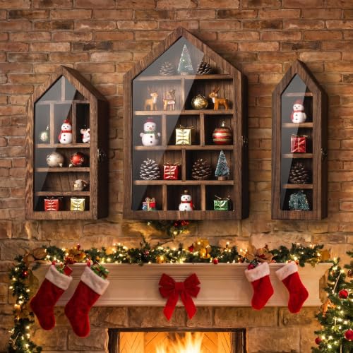 Brown House-Shaped Wooden Trinket Shelf Set with Doors - 3 Pieces