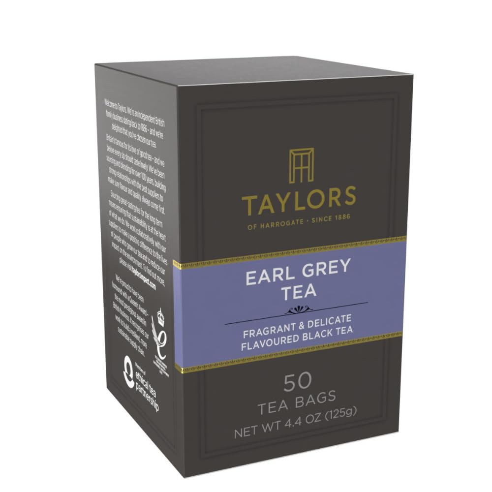Taylors of Harrogate Earl Grey Black Tea - Fragrant & Delicate, 50 Pillow Bags for Hot or Iced Enjoyment