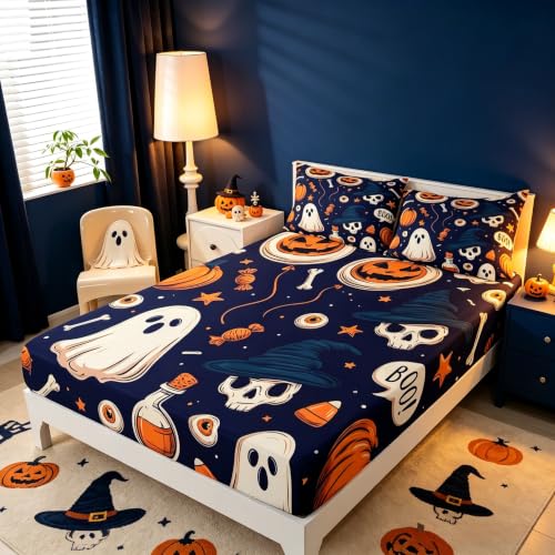Kids Full Size Bat Ghost Halloween Bed Sheet Set Navy Blue Deep Pockets with Pillowcases