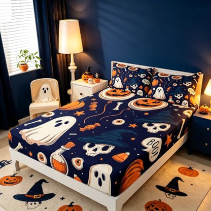 Kids Full Size Bat Ghost Halloween Bed Sheet Set Navy Blue Deep Pockets with Pillowcases