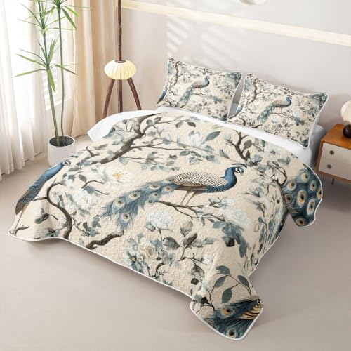 Navy Blue Peacock Flora Quilt Set Full Size Kids Girl Bedroom Decor 3Pcs