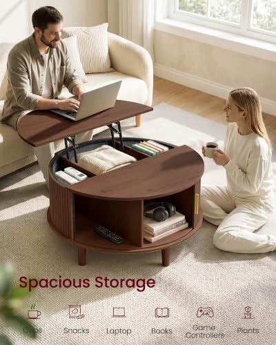 Round Coffee Table with Lift Top and Tambour Sliding Door - Chestnut Brown, 31.5 inch Diameter
