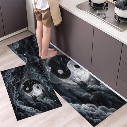 Dark Gray Clouds Mist Tai Chi Yin Yang Kitchen Rugs 2-Piece Non-Slip Mat Set 20x32 & 20x71 Inches Variation of THIS listing