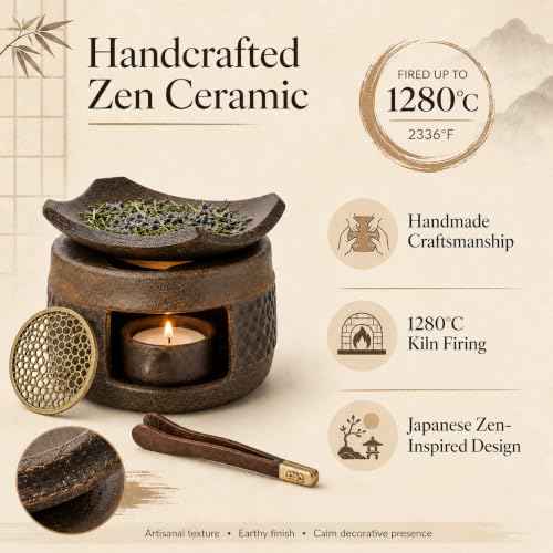 Brown Ceramic Aromatherapy Burner with Incense & Herb Plate - Zen Home Decor
