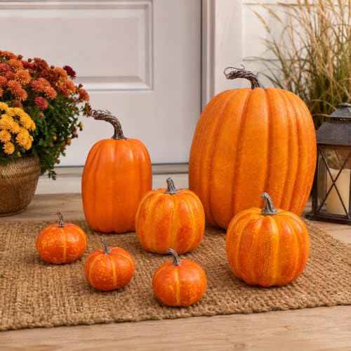 7-Piece Artificial Pumpkins Set for Fall Harvest Decor - Rustic Autumn Decorations