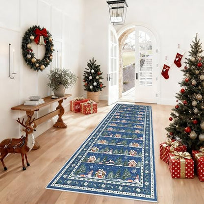 Christmas Snowflake Blue Runner Rug 2x6 Kitchen Hallway Non Slip Low Pile Washable