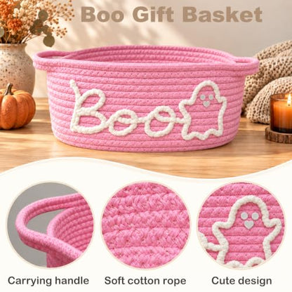 Pink Halloween Boo Basket with Handles - 2 Pack Ghost Gift Baskets for Women