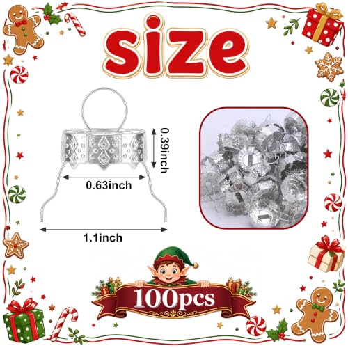 Silver 5/8 Inch Christmas Ornament Caps - 100 Pack Replacement Metal Hangers