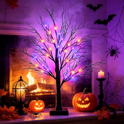Halloween Decor Indoor 26-Inch Black Tree with Orange and Purple LED Lights - Orange Purple Variation