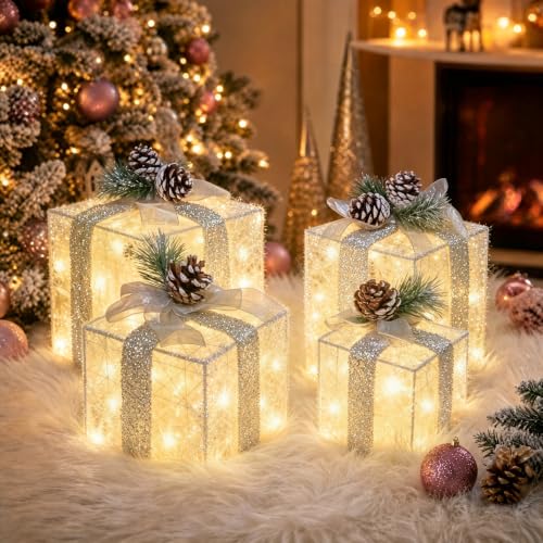 Warm White Lighted Gift Boxes Set of 4 Christmas Decor Battery Operated