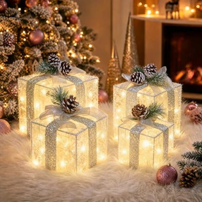Warm White Lighted Gift Boxes Set of 4 Christmas Decor Battery Operated