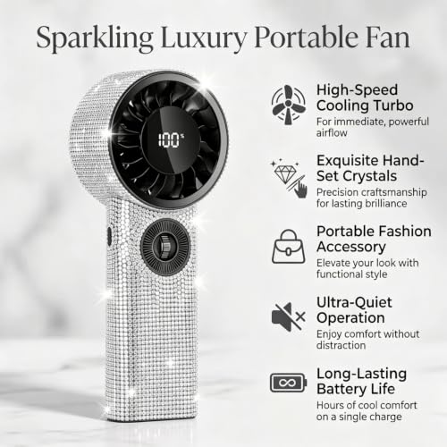 White Diamond Luxury Handheld Fan with Rhinestones, 100 Speed Stepless Control
