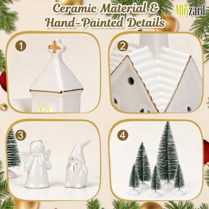 Ceramic Christmas Village Set with Lights and Figurines - Indoor Holiday Decor