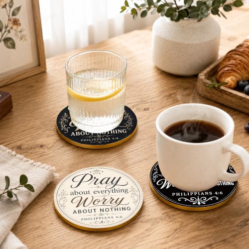 Christian Pray Cork Coasters Set of 6 with Holder - Faith-Based Bible Verse Decor