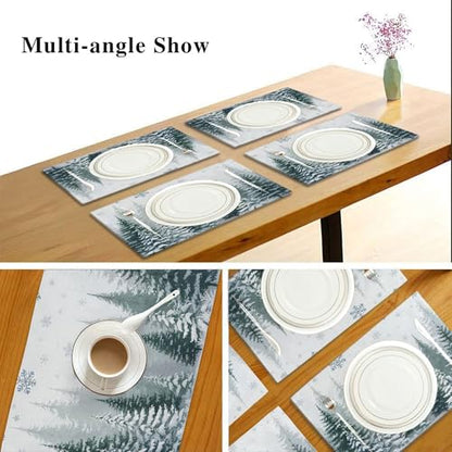 Winter Forest Snow Scene Placemats Set of 6 Christmas Table Mats 12x18 Burlap Washable