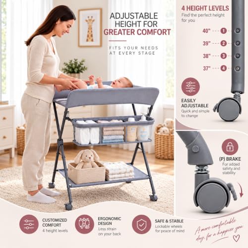 Baby Changing Table with Wheels, Portable Foldable Diaper Station, Adjustable Height Nursery Organizer