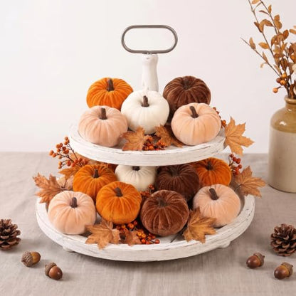 16 Pcs Fall Velvet Pumpkin Decor Assorted Mini Artificial Pumpkins for Autumn Harvest Thanksgiving