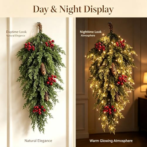 Pre-lit Cypress Teardrop Swag with Lights, Pinecones & Berries - Indoor Outdoor Christmas Decor