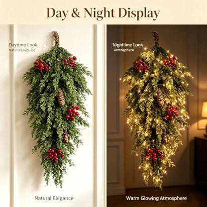 Pre-lit Cypress Teardrop Swag with Lights, Pinecones & Berries - Indoor Outdoor Christmas Decor