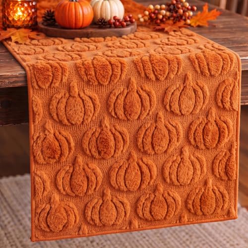 Caramel Fall Table Runner with 3D Pumpkins - 13 x 72 Inches - Thanksgiving Decor