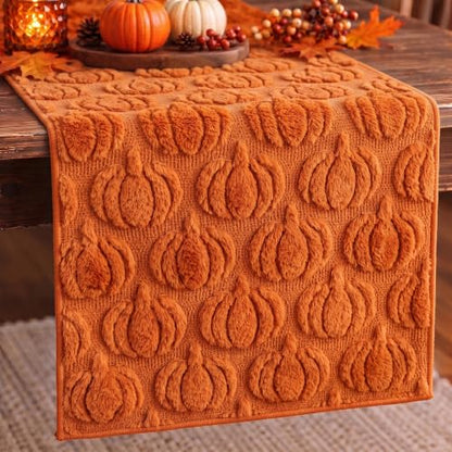 Caramel Fall Table Runner with 3D Pumpkins - 13 x 72 Inches - Thanksgiving Decor