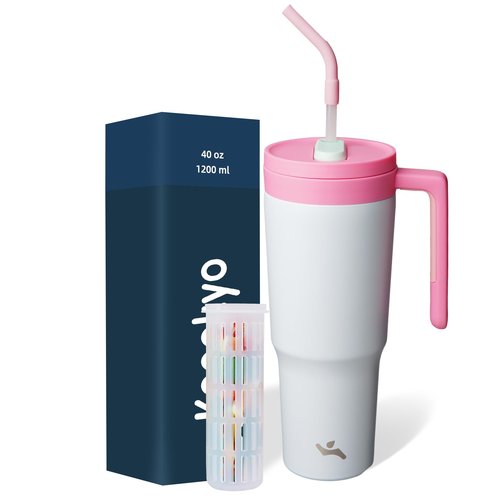 Insulated Tumbler with Handle and Straw,40 OZ Vacuum Stainless Steel Water Bottle Travel Mug Metal Cup with Fruit Diffuser,Pink Grey