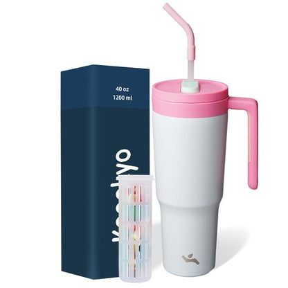 Insulated Tumbler with Handle and Straw,40 OZ Vacuum Stainless Steel Water Bottle Travel Mug Metal Cup with Fruit Diffuser,Pink Grey