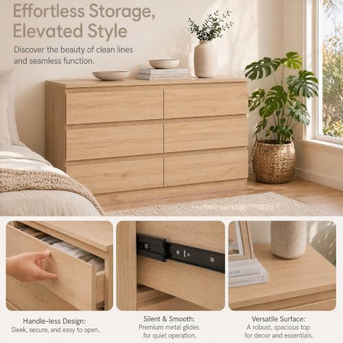 6-Drawer Dresser with Natural Oak Finish, Handle-Less Modern Bedroom Chest