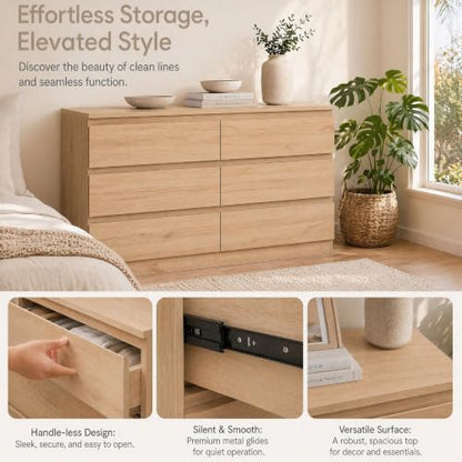 6-Drawer Dresser with Natural Oak Finish, Handle-Less Modern Bedroom Chest
