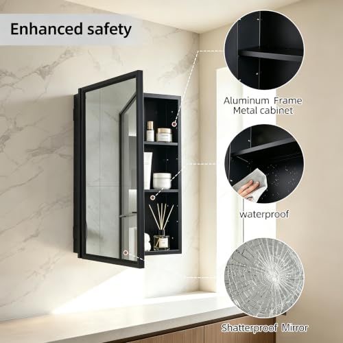 Recessed & Surface Mount Mirror Medicine Cabinet - Moistureproof Black Iron Bathroom Storage, 14x24 Inches