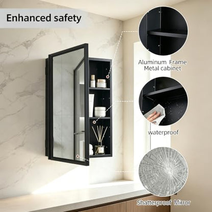 Recessed & Surface Mount Mirror Medicine Cabinet - Moistureproof Black Iron Bathroom Storage, 14x24 Inches