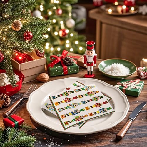 Green Nutcracker Christmas Paper Napkins - 50 Pack, 3-Ply, 5x5 Inches