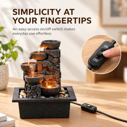 Tabletop Water Fountain 5-Tier Indoor Waterfall with LED Lights - Relaxing Decor