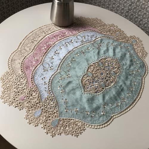 Retro Oval Doilies Placemat - Grey Blue Velvet Flower Embroidery 20x11.4"